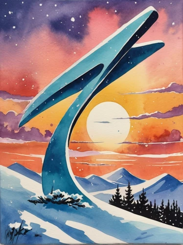 ski jump,trek,space art,starship,space tourism,sun wing,snow slope,travel poster,ski jumping,ski,constellation swan,concorde,futuristic landscape,ski cross,stargate,ice planet,skis,voyager,snow landscape,space glider,Illustration,Retro,Retro 12