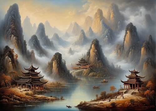 fantasy landscape,chinese art,mountainous landscape,oriental painting,mountain landscape,river landscape,landscape background,xing yi quan,mountain scene,guilin,huangshan maofeng,chinese temple,yunnan,chinese clouds,luo han guo,chinese background,panoramic landscape,dongfang meiren,fantasy picture,wuyi,Illustration,Realistic Fantasy,Realistic Fantasy 40