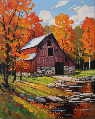 fall landscape,red barn,autumn landscape,vermont,new england,water mill,barns,old mill,farm landscape,old barn,quilt barn,fall foliage,field barn,dutch mill,autumn idyll,rural landscape,barn,covered bridge,farmstead,farm hut,Art,Artistic Painting,Artistic Painting 23