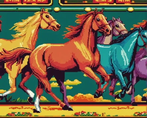 two-horses,horse race,colorful horse,carnival horse,horsemen,horses,play horse,carousel horse,horse horses,horse racing,stable animals,dosbox,rodeo,vintage wallpaper,vintage horse,retro background,man and horses,pixel art,horse riders,game illustration,Unique,Pixel,Pixel 04