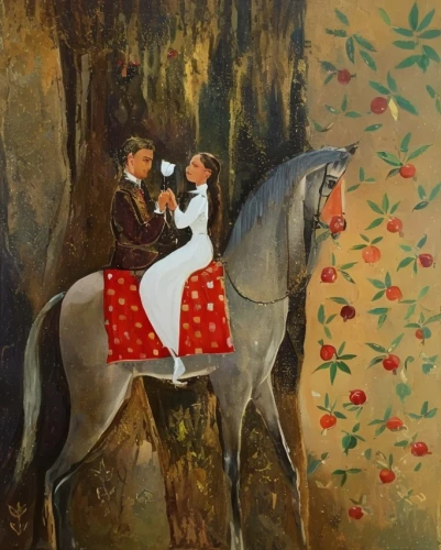 khokhloma painting,horseback,man and horses,equestrian,young couple,hunting scene,indian art,wall painting,two-horses,girl picking flowers,children's fairy tale,horse riders,jockey,oil painting on canvas,equitation,girl and boy outdoor,equestrianism,horse herder,way of the roses,flower delivery,Common,Common,Cartoon