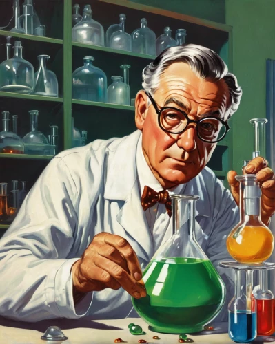 chemist,scientist,laboratory flask,erlenmeyer,biologist,chemical laboratory,natural scientists,reagents,laboratory,laboratory information,theoretician physician,science education,painting technique,chemical engineer,meticulous painting,glass painting,nitroaniline,erlenmeyer flask,painting,oil on canvas,Illustration,Retro,Retro 10