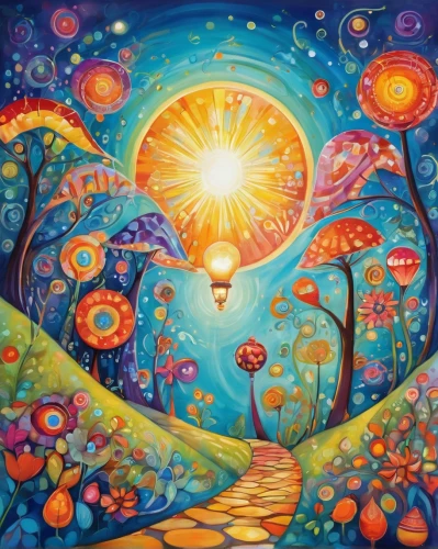 boho art,inner light,the light bulb,psychedelic art,colorful light,colorful balloons,light of art,oil painting on canvas,art painting,mantra om,illuminate,colorful tree of life,lightbulb,illumination,luminous,bulb,light bulb,imagination,abundance,guiding light,Illustration,Abstract Fantasy,Abstract Fantasy 13