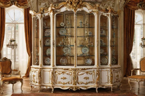 china cabinet,armoire,antique furniture,rococo,ornate room,cabinet,baroque,corinthian order,chiffonier,napoleon iii style,room divider,versailles,four poster,interior decor,dressing table,french windows,art nouveau,danish room,vitrine,grandfather clock,Photography,Documentary Photography,Documentary Photography 32