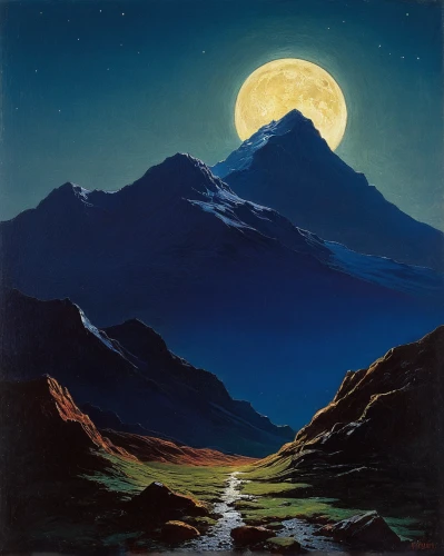 mountain scene,mountain landscape,moonlit night,moonscape,chimborazo,mountainous landscape,northen light,lunar landscape,night scene,monte rosa,valley of the moon,moonlit,the spirit of the mountains,nordland,altiplano,phase of the moon,pachamama,eiger,moonrise,moon valley,Art,Classical Oil Painting,Classical Oil Painting 42