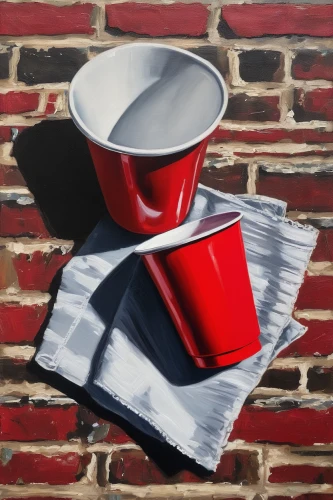 red paint,paint cans,red tablecloth,spray can,paper cups,paper cup,aluminum can,plastic cups,funnel,holding cup,coffee cups,wall paint,coffee cup,cup,water funnel,beverage can,coffee filter,house painting,cups,duct tape,Conceptual Art,Graffiti Art,Graffiti Art 12