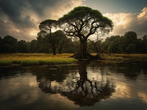 isolated tree,lone tree,landscape photography,bayou,weeping willow,brown tree,magic tree,nature landscape,herman national park,green trees with water,river landscape,natural landscape,dutch landscape,oak tree,landscape nature,dragon tree,forest tree,old tree,flourishing tree,the roots of trees,Art,Classical Oil Painting,Classical Oil Painting 06