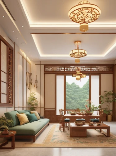 luxury home interior,japanese-style room,interior decoration,danyang eight scenic,3d rendering,living room,sitting room,interior modern design,interior decor,livingroom,modern living room,chinese style,contemporary decor,interior design,sanya,billiard room,apartment lounge,bamboo curtain,modern decor,chinese architecture,Illustration,Paper based,Paper Based 17
