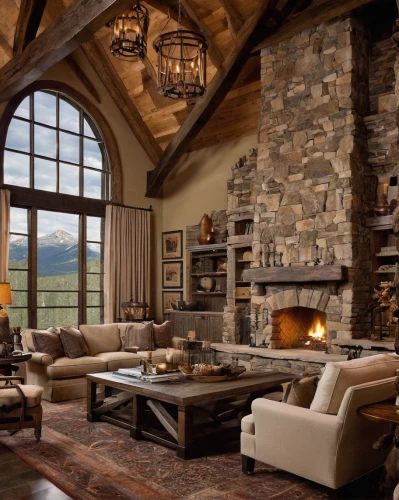 luxury home interior,fireplaces,family room,fire place,fireplace,rustic,log home,the cabin in the mountains,alpine style,great room,living room,wooden beams,house in the mountains,beautiful home,sitting room,livingroom,country estate,chalet,house in mountains,interior design,Illustration,Retro,Retro 01