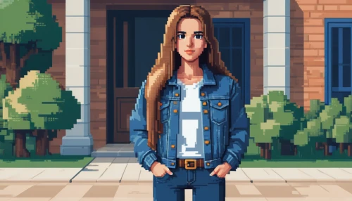 pixel art,denim background,game illustration,android game,bluejeans,city ​​portrait,jeans background,action-adventure game,custom portrait,facebook pixel,game art,girl with gun,animated cartoon,digital painting,world digital painting,blue jeans,girl in overalls,jean jacket,pixelgrafic,vector illustration,Unique,Pixel,Pixel 01