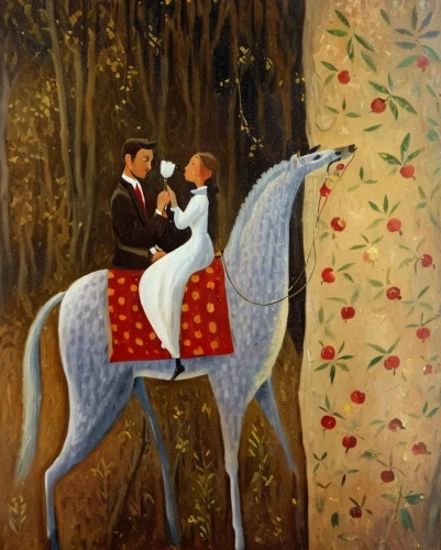 khokhloma painting,horseback,man and horses,young couple,horse-drawn,two-horses,equestrian,wedding couple,hunting scene,children's fairy tale,cinderella,carriage,carousel horse,church painting,horse riders,folk art,oil on canvas,wall painting,oil painting on canvas,horse drawn,Common,Common,Cartoon