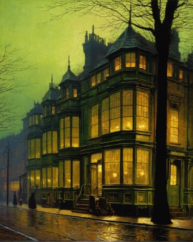 john atkinson grimshaw,victorian,balmoral hotel,henry g marquand house,night scene,victorian style,the victorian era,evening atmosphere,1905,harrogate,victorian house,pea soup,gas lamp,1906,atmospheric,bram stoker,harrods,1921,queen anne,doll's house,Illustration,Paper based,Paper Based 18