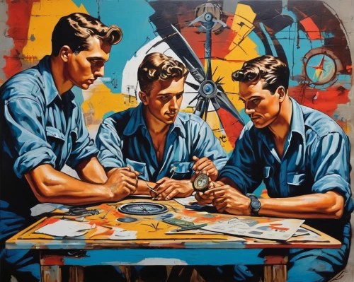 men sitting,painting technique,meticulous painting,workers,50s,artists,italian painter,chess men,havana,barbershop,the cuban police,oil painting on canvas,car mechanic,oil on canvas,dealer,musicians,1952,parcheesi,chess game,60s,Conceptual Art,Graffiti Art,Graffiti Art 09