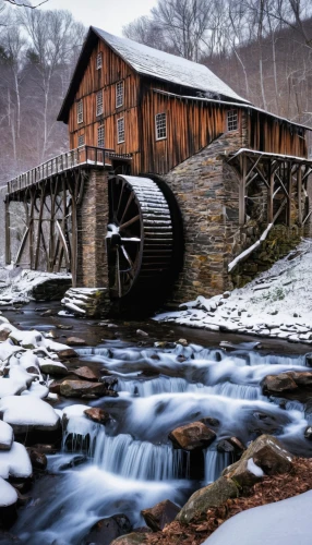 water mill,water wheel,old mill,dutch mill,covered bridge,snow bridge,vermont,gristmill,wooden bridge,great smoky mountains,log bridge,mill,post mill,salt mill,white springs,west virginia,flour mill,new england,hydroelectricity,bailey bridge,Illustration,American Style,American Style 14