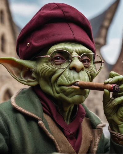 yoda,goblin,jew's harp,green goblin,the pied piper of hamelin,street performer,itinerant musician,town crier,smoking pipe,fiddler,pied piper,tin whistle,street musician,krumlov,jedi,photoshop manipulation,fgoblin,pipe smoking,violin player,the flute