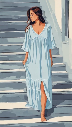 girl on the stairs,fashion vector,nightgown,fashion illustration,digital painting,coloring outline,the girl in nightie,blue painting,hospital gown,girl in a long dress,fashion sketch,pregnant woman icon,vector illustration,woman walking,steps,a girl in a dress,jasmine blue,world digital painting,church painting,nightwear,Illustration,Vector,Vector 01