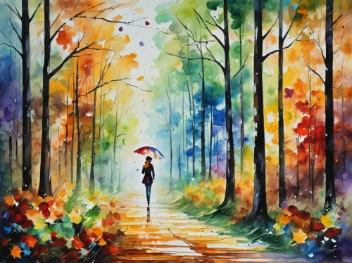 watercolor background,watercolor painting,watercolor,autumn walk,autumn background,watercolor paint,girl walking away,walking in the rain,woman walking,watercolor women accessory,watercolor paint strokes,watercolors,colorful background,art painting,autumn theme,autumn landscape,oil painting on canvas,forest background,the autumn,walk in a park,Illustration,Paper based,Paper Based 25