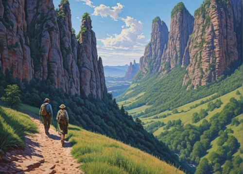 mountain scene,mountainous landscape,mountain landscape,guards of the canyon,yellow mountains,angel's landing,hikers,canyon,fairyland canyon,zion,high landscape,escarpment,valley of desolation,mountain valleys,mountain valley,panoramic landscape,valley,hiking path,blue mountains,the landscape of the mountains,Illustration,Retro,Retro 14