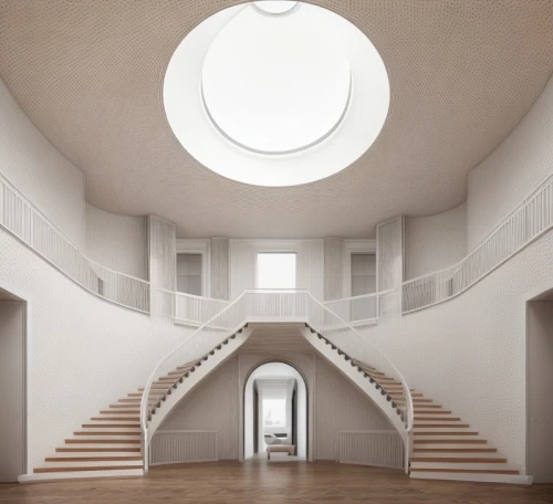 circular staircase,winding staircase,staircase,outside staircase,daylighting,stairwell,spiral staircase,vaulted ceiling,3d rendering,white room,hallway space,spiral stairs,stairway,ceiling construction,entrance hall,archidaily,kirrarchitecture,convex,sky space concept,skylight,Interior Design,Living room,Modern,French Minimalist