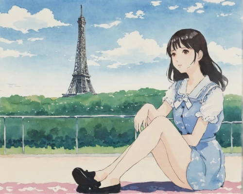 eiffel,azusa nakano k-on,paris,watercolor paris,anime japanese clothing,sidonia,eiffel tower,himuto,girl sitting,french digital background,eifel,french valentine,watercolor paris balcony,watercolor background,girl in a long,japanese sakura background,sitting,tsumugi kotobuki k-on,paris cafe,the eiffel tower,Illustration,Japanese style,Japanese Style 12