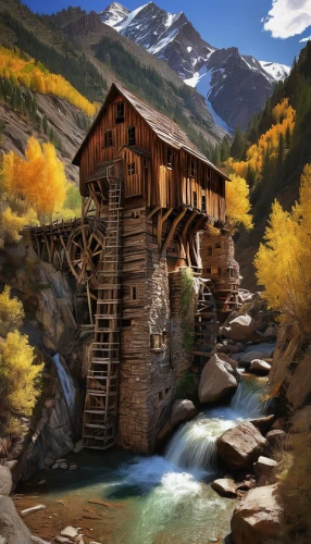 water mill,wooden bridge,covered bridge,old mill,dutch mill,house in mountains,log cabin,the cabin in the mountains,log home,log bridge,water wheel,telluride,house in the mountains,fall landscape,flour mill,scenic bridge,autumn landscape,hangman's bridge,world digital painting,salt mill,Illustration,Realistic Fantasy,Realistic Fantasy 28