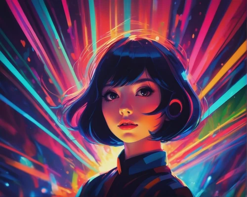 colored lights,neon ghosts,neon light,colorful background,colorful light,transistor,neon lights,neon,prism,bob cut,neon colors,digital art,eleven,mystical portrait of a girl,aura,rainbow pencil background,colorful doodle,lights,prism ball,digital painting,Conceptual Art,Fantasy,Fantasy 19