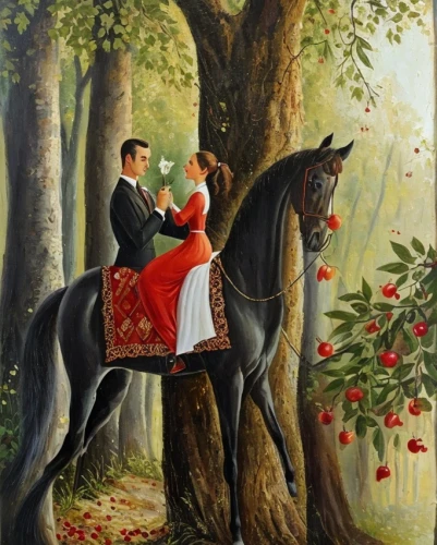 apple pair,girl picking apples,young couple,apple tree,man and horses,romantic scene,apple trees,serenade,courtship,apple orchard,dressage,chestnut tree with red flowers,cart of apples,blossoming apple tree,khokhloma painting,red apples,apple harvest,horseback,orchard,basket of apples,Common,Common,Cartoon