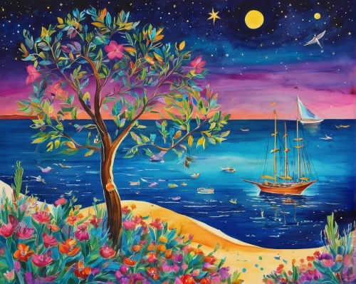 boat landscape,sailing blue purple,sailing ship,sailing boat,sea landscape,sailing-boat,sailboat,sail boat,sea sailing ship,sail ship,sailing boats,sailing ships,art painting,sailing blue yellow,oil painting on canvas,sailing,sea night,sea fantasy,coastal landscape,landscape with sea,Illustration,Abstract Fantasy,Abstract Fantasy 13