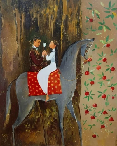 khokhloma painting,horseback,man and horses,wall painting,indian art,girl picking flowers,young couple,radha,hunting scene,children's fairy tale,romantic scene,red avadavat,horse riding,girl picking apples,girl and boy outdoor,horse herder,horse-drawn,fairy tale,equestrian,horseback riding,Common,Common,Cartoon