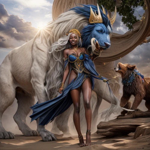 fantasy art,fantasy picture,mythological,centaur,she feeds the lion,fantasy woman,goddess of justice,greek mythology,warrior woman,blue enchantress,fantasy portrait,lioness,priestess,greek myth,zodiac sign libra,athena,zodiac sign leo,pharaoh,mythical creatures,zodiac sign gemini