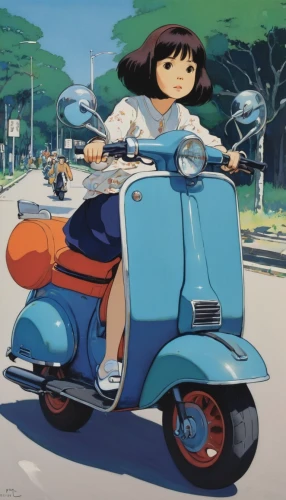 studio ghibli,e-scooter,scooter riding,motor scooter,electric scooter,tricycle,vespa,scooter,moped,scooters,motorized scooter,cartoon car,piaggio,joyrider,mobility scooter,girl with a wheel,blue pushcart,piaggio ciao,two-point-ladybug,shirakami-sanchi,Illustration,Japanese style,Japanese Style 14