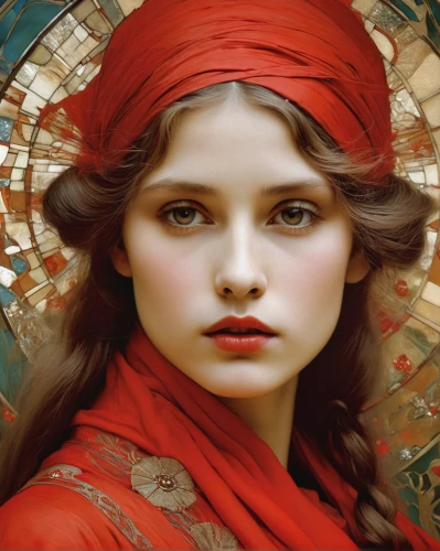 mucha,emile vernon,mystical portrait of a girl,orientalism,art nouveau,alfons mucha,fantasy portrait,art deco woman,portrait of a girl,girl in a wreath,red hat,athena,young woman,red riding hood,shades of red,vintage woman,fantasy art,romantic portrait,lady in red,vintage female portrait,Photography,Artistic Photography,Artistic Photography 06