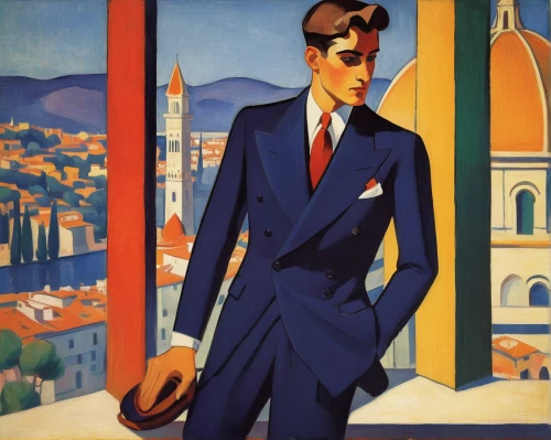 advertising figure,italian poster,men's suit,travel poster,italian painter,art deco,vittoriano,man with umbrella,white-collar worker,suit trousers,art deco woman,aperol,1929,1926,george paris,woman in menswear,tuscan,art deco frame,1925,twenties of the twentieth century,Art,Artistic Painting,Artistic Painting 35