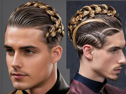 mohawk hairstyle,gold foil crown,artificial hair integrations,caesar cut,pompadour,laurel wreath,hairstyles,hairstyle,hairstyler,stylograph,retouching,barberini,hairdressing,cornrows,crown render,gold crown,golden cut,emperor snake,prince of wales feathers,headpiece,Illustration,Realistic Fantasy,Realistic Fantasy 42