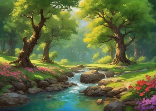 forest landscape,landscape background,forest background,fairy forest,fantasy landscape,elven forest,river landscape,brook landscape,spring background,springtime background,nature landscape,forest glade,cartoon video game background,druid grove,fairytale forest,riparian forest,watercolor background,cartoon forest,meadow landscape,natural landscape,Conceptual Art,Fantasy,Fantasy 31