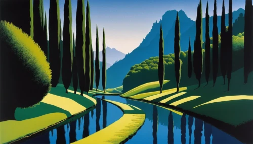 travel poster,olle gill,brook landscape,mountain road,art deco,art deco border,forest landscape,river landscape,cool woodblock images,mountainous landscape,forest road,italian poster,the valley of the,valley,coniferous forest,mountain scene,mountain pass,watercourse,mountain highway,futuristic landscape,Illustration,Vector,Vector 09