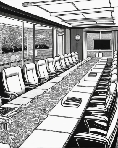 board room,conference room,boardroom,meeting room,conference room table,conference table,aircraft cabin,seating,ufo interior,corporate jet,breakfast on board of the iron,seating area,suites,railway carriage,dining room,lecture room,train car,breakfast room,conference hall,business jet,Illustration,Black and White,Black and White 18