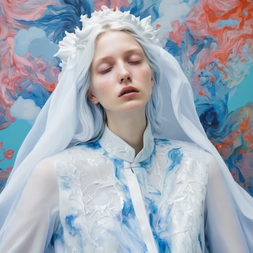 suit of the snow maiden,the angel with the veronica veil,baroque angel,the snow queen,tilda,white rose snow queen,mazarine blue,mystical portrait of a girl,bridal veil,dead bride,ice queen,white lady,blue and white porcelain,blue painting,opal,winterblueher,porcelain,silvery blue,eglantine,pale,Photography,Fashion Photography,Fashion Photography 25