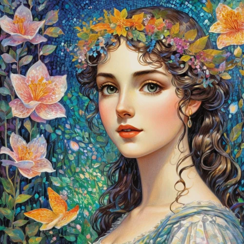 girl in flowers,flora,beautiful girl with flowers,fantasy portrait,girl in the garden,jasmine blossom,flower fairy,faery,rosa 'the fairy,girl in a wreath,faerie,romantic portrait,spring crown,flower painting,vanessa (butterfly),wreath of flowers,emile vernon,mystical portrait of a girl,fae,splendor of flowers,Conceptual Art,Daily,Daily 31