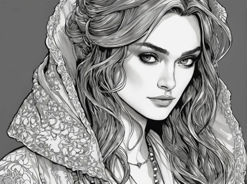 jessamine,shawl,victorian lady,fashion illustration,fantasy portrait,boho art,white rose snow queen,sorceress,suit of the snow maiden,elven,line-art,clary,line art,bedouin,fairy tale character,headscarf,fatima,pencil drawings,digital drawing,the snow queen,Illustration,American Style,American Style 03