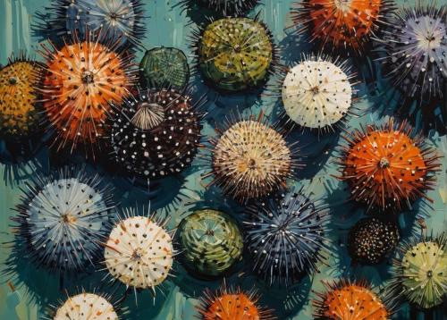 sea urchins,pulasan,cactus apples,sea-urchin,sea urchin,barrel cactus,fruits,fruits of the sea,conifer cones,pine cones,urchins,chestnut fruits,rambutan,capsule fruits,pinecones,bulbous flowers,chestnut pods,tropical fruits,hedgehog heads,prickly pears,Conceptual Art,Oil color,Oil Color 08