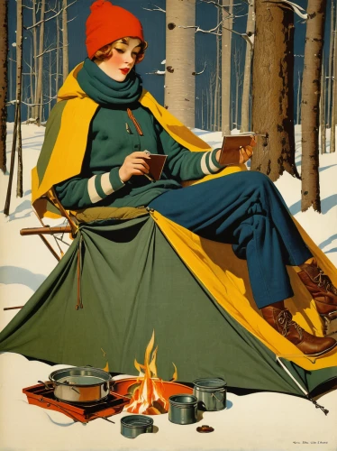 portable stove,camping equipment,ice fishing,campfires,camping gear,outdoor recreation,campire,bushcraft,vintage illustration,camping,woodsman,winter clothing,tent camping,outdoor life,outdoor cooking,hiking equipment,winter service,hygge,russian winter,camping chair,Illustration,Retro,Retro 15