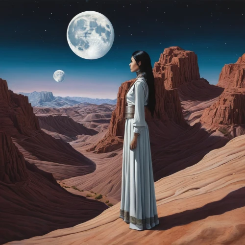 moon valley,valley of the moon,moon phase,mother earth,phase of the moon,desert landscape,violinist violinist of the moon,desert background,celestial bodies,lunar landscape,rem in arabian nights,sci fiction illustration,earth rise,fantasy picture,shamanic,priestess,blue moon rose,shamanism,desert rose,anasazi,Illustration,Realistic Fantasy,Realistic Fantasy 07