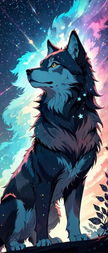 constellation wolf,howl,howling wolf,wolf,gray wolf,nightsky,night sky,wolf couple,wolves,dusk background,werewolf,two wolves,starry sky,the night sky,werewolves,tundra,wolfdog,canidae,ursa,polar aurora,Anime,Anime,General