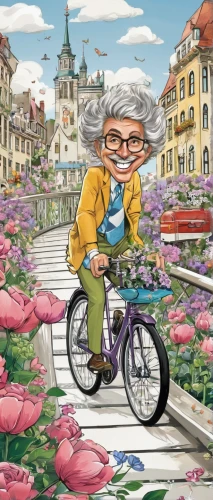 floral bike,woman bicycle,bicycle ride,cartoon flowers,pensioner,bicycle riding,elderly lady,flower painting,flower delivery,grandma,elderly person,granny,senior citizen,floral greeting,nanny,french digital background,carnation coloring,elderly man,picking flowers,bicycling,Illustration,Abstract Fantasy,Abstract Fantasy 23