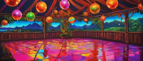 ballroom,circus tent,nightclub,carnival tent,circus stage,treasure hall,party decoration,dandelion hall,dance pad,billiard room,party decorations,stage curtain,gypsy tent,prism ball,carousel,stained glass pattern,yurts,backgrounds,floating stage,playhouse,Illustration,Realistic Fantasy,Realistic Fantasy 38