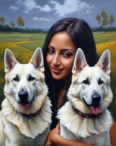 girl with dog,huskies,oil painting on canvas,three dogs,canines,oil painting,dog breed,carpathian shepherd dog,indian spitz,art painting,american eskimo dog,alsatian,indian dog,maltese,canaan dog,color dogs,dog pure-breed,indian art,romantic portrait,german shepards,Illustration,Realistic Fantasy,Realistic Fantasy 30