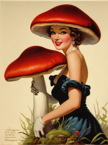 toadstools,umbrella mushrooms,club mushroom,fly agaric,agaric,red fly agaric mushrooms,edible mushrooms,mushroom hat,toadstool,red fly agaric,red fly agaric mushroom,mushrooming,valentine day's pin up,the hat-female,edible mushroom,pin ups,retro pin up girls,valentine pin up,vintage art,pin-up girls,Illustration,Retro,Retro 10