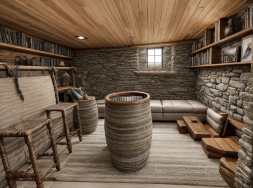 wooden sauna,wine barrel,wine barrels,wine cellar,cabin,the cabin in the mountains,sauna,log cabin,inverted cottage,small cabin,wine bar,grain whisky,chalet,log home,wine rack,3d rendering,wood wool,lodge,mid century house,basement,Interior Design,Living room,Farmhouse,Spanish Rustic