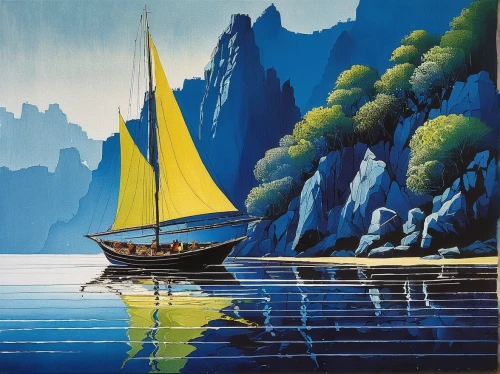 boat landscape,sailing-boat,sailing boat,fjord,sail boat,sailboat,sailing boats,boat on sea,sailing,sea sailing ship,travel poster,sail ship,fjords,long-tail boat,sailboats,sailing ship,sea landscape,wooden boat,landscape with sea,han thom,Illustration,Vector,Vector 09